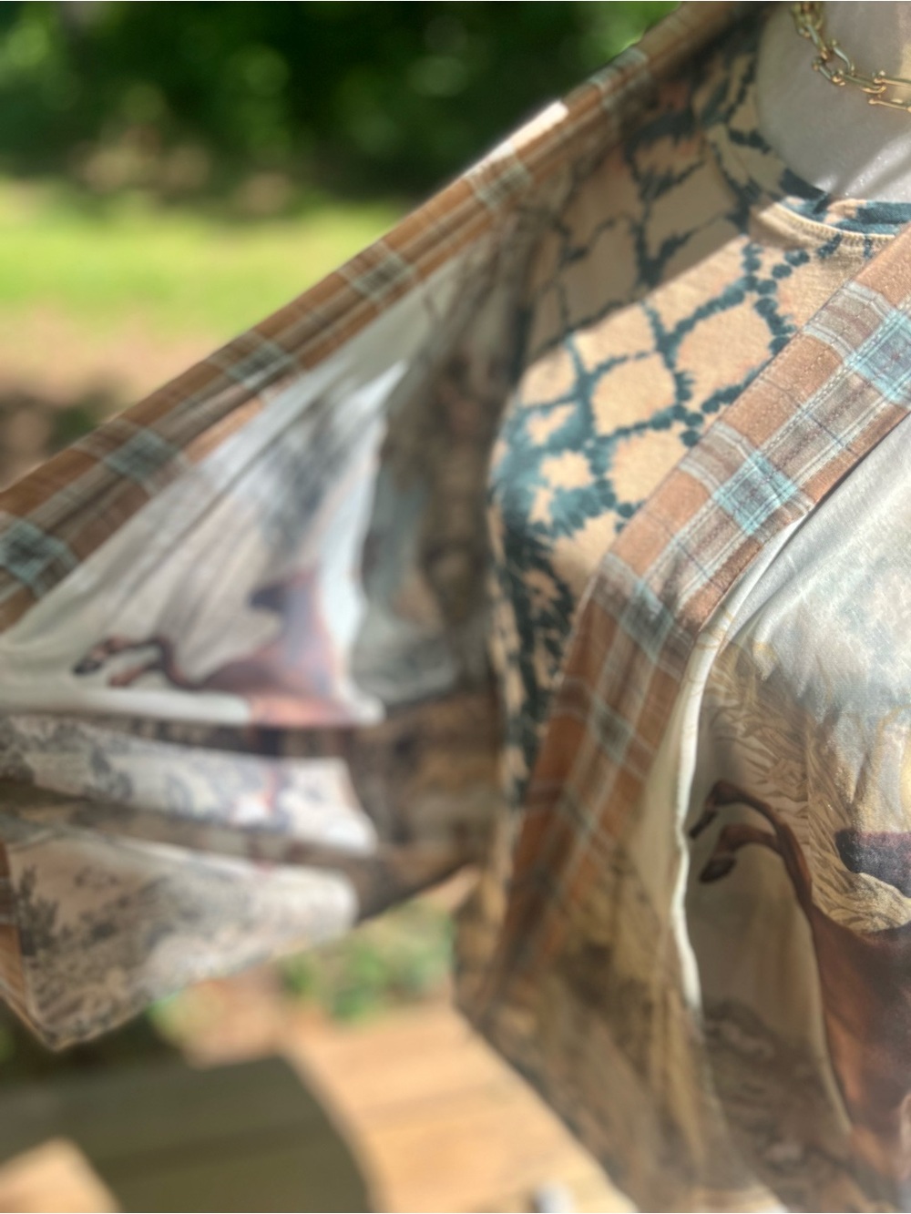 Market of Stars Women’s Horse-Print Wrap Top in Sage and Tan - Picture 3 of 7
